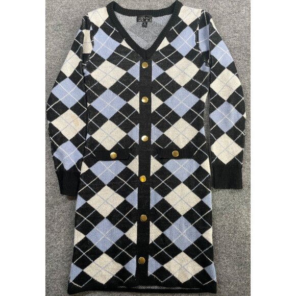 Vintage-Inspired Argyle Cardigan Dress & Gold Buttons M Comfort Casual Style - Picture 1 of 7